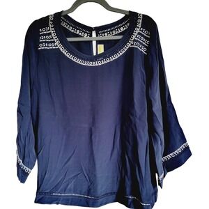 Sigrid Olsen‎ L Top Shirt Blouse Dark Blue White Eyelet Trim Vintage NWT $129